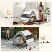 Hundeliege Outdoor mit Dach, Erhöhtes Hundebett für mittelgroße Hunde, mit Stahlrahmen, 76x61x70cm, Hellgrau