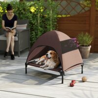 Hundeliege Outdoor mit Dach, Erhöhtes Hundebett für Mittelgroße Hunde, 76 x 61 x 71cm, Kaffee