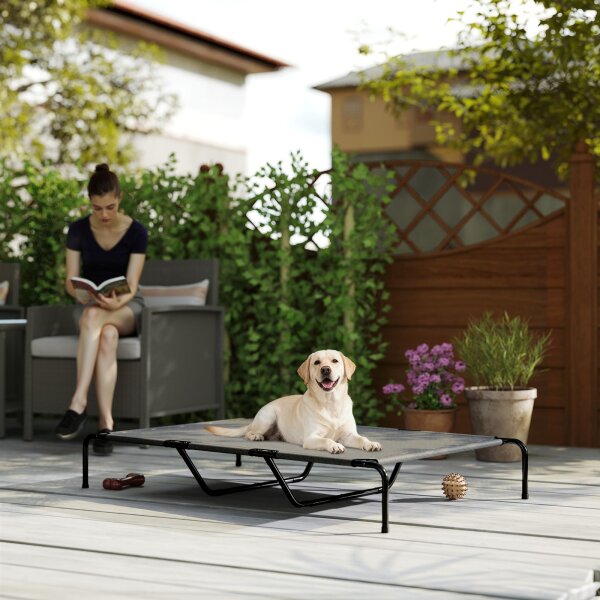 Hundeliege Outdoor, Erhöhtes Hundebett für große Hunde, mit Waschbares Mesh Stahlrahmen, 152 x 94 x 23 cm, Grau