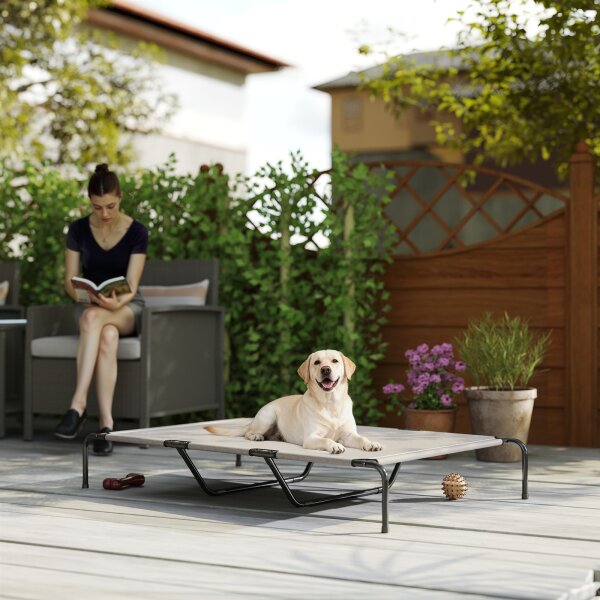Hundeliege Outdoor, Erhöhtes Hundebett für große Hunde, mit Stahlrahmen, atmungsaktiv Netzgewebe, 152x94x23 cm, Beige