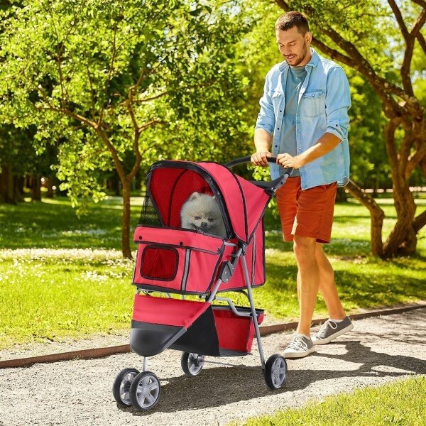 Hundewagen Hundebuggy bis 10 kg Klappbar Bodenkorb 2 Becherhalter verstellbares Vordach Rot