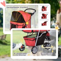 Hundewagen Hundebuggy bis 10 kg Klappbar Bodenkorb 2 Becherhalter verstellbares Vordach Rot