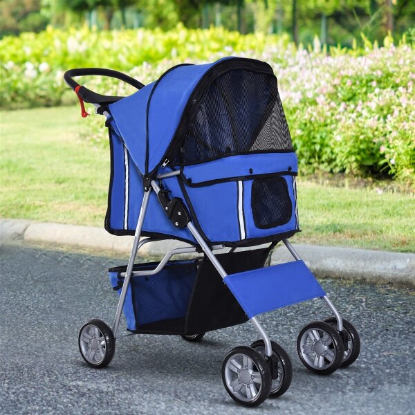 Hundewagen bis 10kg klappbar verstellbares Vordach 2 Becherhalter Bodenkorb Blau