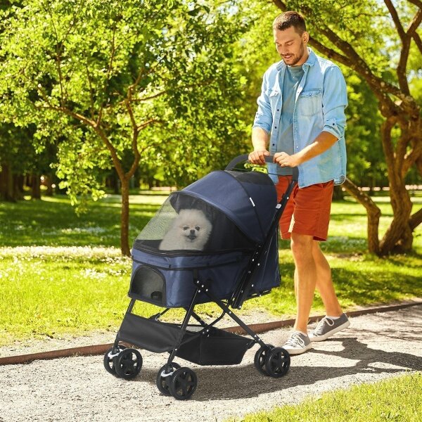 Hundewagen Hundebuggy bis 10kg verstellbares Vordach klappbar Bodenkorb 2 Bremsen Sicherheitsleine Blau