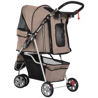 Hundebuggy Hundewagen bis 10 kg Klappbar Bodenkorb 2 Becherhalter verstellbares Vordach Kaffeebraun