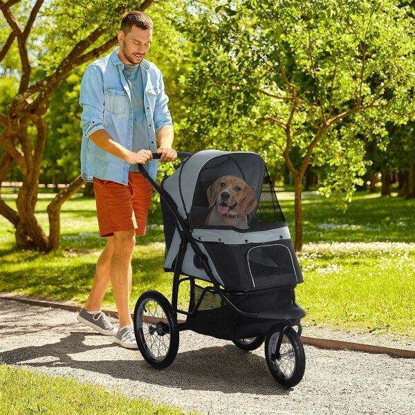 Hundewagen Hundetrolley mit Jogger-Funktion bis 20 kg Klappbar Netzfenster, Ablagekorb, Grau, 111 x 58 x 107 cm
