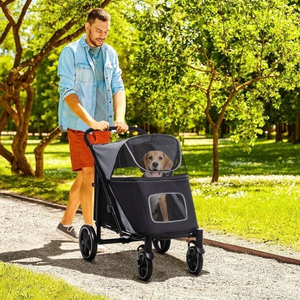Hundewagen Hundebuggy bis 30kg faltbar verstellbares Vordach Aufbewahrungskorb 112 cm x 65 cm x 100 cm, Grau