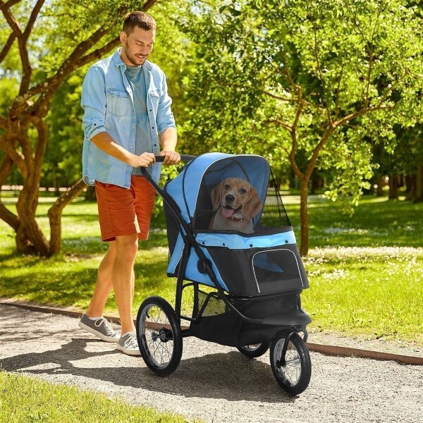 Hundewagen Hundetrolley mit Jogger-Funktion bis 20 kg Klappbar Netzfenster, Ablagekorb, Blau, 111 x 58 x 107 cm