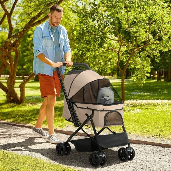 Hundewagen Hundebuggy klappbar, 1 Korb, 2 Bremsen, inkl, Sicherheitsleine, Hellbraun
