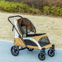 Hundewagen, Faltbarer Hundebuggy für mittelgroße Hunde, Haustierwagen mit 4 Rädern, Sicherheitsleinen, Bremsen, Braun