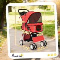 Hundewagen Faltbar Hundebuggy mit Reflektorstreif Aufbewahrungskorb Kissen für kleine Hunde bis 10 kg 77x44x102cm Rot