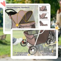 Hundewagen Faltbar Hundebuggy mit Aufbewahrungskorb Kissen Netzfenster Getränkehalter für kleine Hunde bis 10kg Kaffee