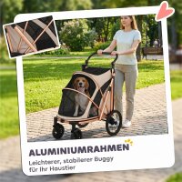 Hundewagen Faltbar Hundebuggy für Hunde bis 20 kg mit 360°Drehrädern Netzfenster Kissen Verstellbarer Griff Hellbraun