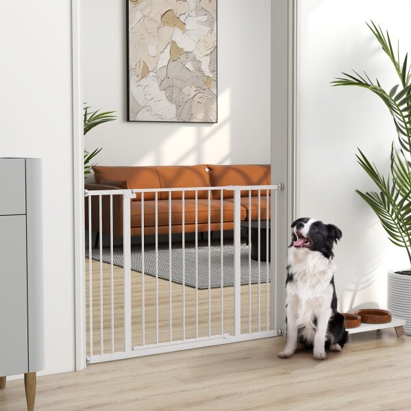 Türschutzgitter, Treppenschutzgitter ohne bohren, Hunde Absperrgitter, Schutzgitter für Haustier, Hundegitter, Klemmbefestigung, Metall, Weiß, 76-107 x 76 cm