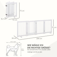 Absperrgitter Hund 4-teilig, 204 x 75 cm Faltbar Türschutzgitter mit Tür, Freistehend Hundegitter mit 2 Stützfüßen, Treppengitter aus Holz für Flur, Küche, Treppe, Weiß