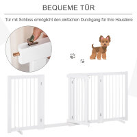 Absperrgitter Hund 4-teilig, 204 x 75 cm Faltbar Türschutzgitter mit Tür, Freistehend Hundegitter mit 2 Stützfüßen, Treppengitter aus Holz für Flur, Küche, Treppe, Weiß
