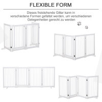 Absperrgitter Hund 4-teilig, 204 x 75 cm Faltbar Türschutzgitter mit Tür, Freistehend Hundegitter mit 2 Stützfüßen, Treppengitter aus Holz für Flur, Küche, Treppe, Weiß