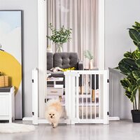 Absperrgitter Hund 4-teilig, 204 x 75 cm Faltbar Türschutzgitter mit Tür, Freistehend Hundegitter mit 2 Stützfüßen, Treppengitter aus Holz für Flur, Küche, Treppe, Weiß