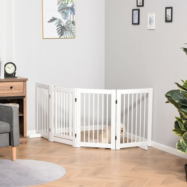 Absperrgitter Hund 4-teilig, 220 x 91 cm Faltbar Türschutzgitter mit Tür, Freistehend Hundegitter mit 2 Stützfüßen, Treppengitter aus Holz für Flur, Küche, Treppe, Weiß