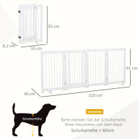 Absperrgitter Hund 4-teilig, 220 x 91 cm Faltbar Türschutzgitter mit Tür, Freistehend Hundegitter mit 2 Stützfüßen, Treppengitter aus Holz für Flur, Küche, Treppe, Weiß