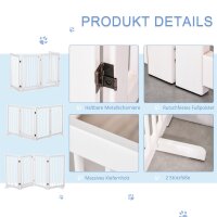 Absperrgitter Hund 4-teilig, 220 x 91 cm Faltbar Türschutzgitter mit Tür, Freistehend Hundegitter mit 2 Stützfüßen, Treppengitter aus Holz für Flur, Küche, Treppe, Weiß