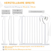 Hunde-Absperrgitter, Klemmmontage, verstellbare Länge, Stahl/ABS, 75-115 x 76cm, Weiß