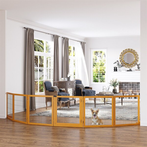 Absperrgitter für Hunde, klappbar, 432 x 36 x 70 cm, Kiefernholz, Gelb