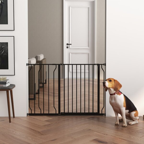 Hunde-Absperrgitter, Klemmmontage, verstellbare Länge, Stahl/ABS, 75-115 x 76cm, Schwarz