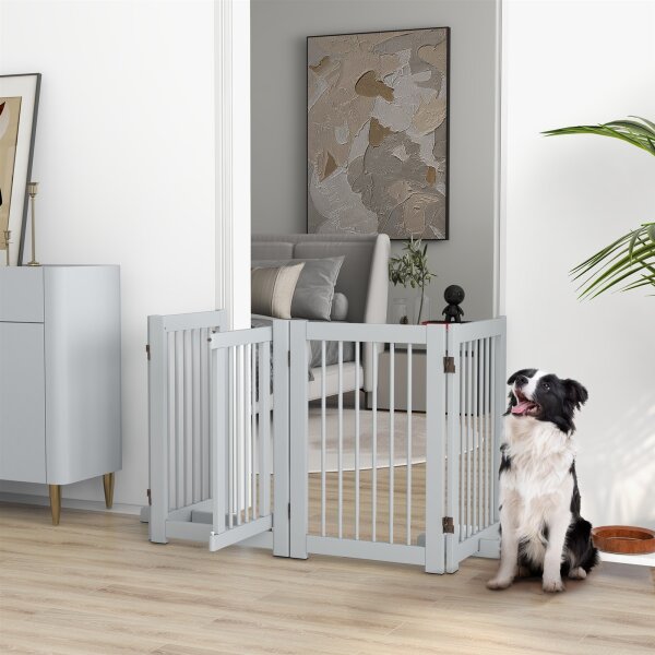Freistehendes Hundegitter, 4 Paneele, flexibel, Kiefernholz, 204L x 36B x 75H cm, Hellgrau