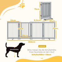 Freistehendes Hundegitter, 4 Paneele, flexibel, Kiefernholz, 204L x 36B x 75H cm, Hellgrau