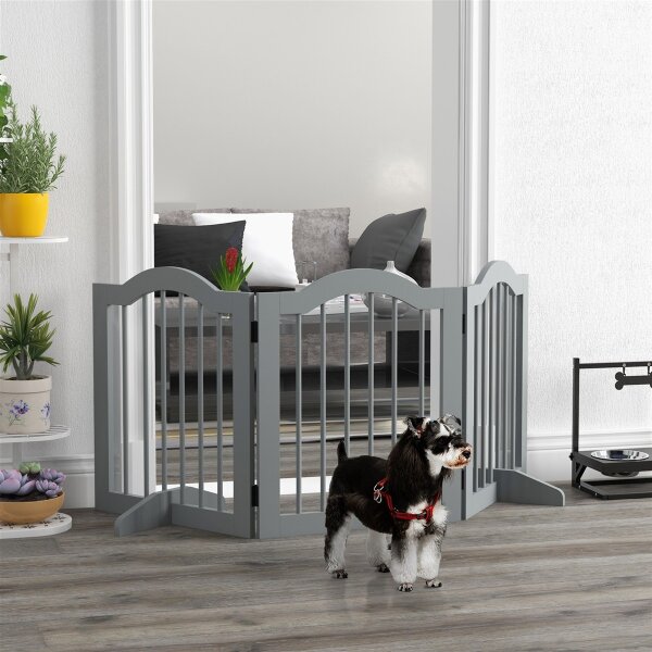 Absperrgitter Hund 3-teilig, 154,5 x 61 cm Faltbar Hundegitter mit Tür, 2 Stützfüßen Hellgrau