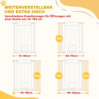 106 cm hohes Haustiergitter mit anpassbarer Breite, integrierte Katzentür, für Treppen und Türrahmen, Weiß