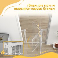 106 cm hohes Haustiergitter mit anpassbarer Breite, integrierte Katzentür, für Treppen und Türrahmen, Weiß