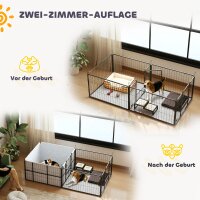 Wurfkiste für Welpen, Wurfbox Welpenlaufstall mit 7 Paneele, 2 Bereichen, Waschbare Wurfunterlage, 203x102x60cm Schwarz