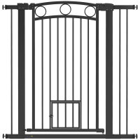 106 cm hohes Haustiergitter mit anpassbarer Breite, integrierte Katzentür, für Treppen und Türrahmen, Schwarz