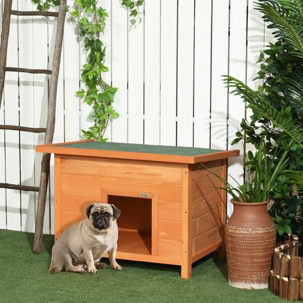 Hundehütte Outdoor, Hundehaus aus Holz mit Aufklappbares Asphaltdach, Wasserdichte Hundehöhle mit Erhöhter Boden Hütte für kleine Hunde, Gelb, 82 x 58 x 58 cm