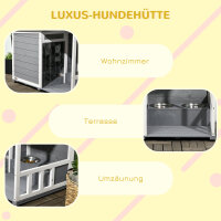 Hundehütte aus Massivholz, mit 2 Fressnäpfen, Veranda, wetterbeständig, 103 cm x 62 cm x 66 cm, Grau + Weiß