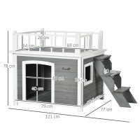 Hundehütte, Dachterrasse, Treppe, Fenster, Bodenabstand, Naturholz, hellgrau, 121 x 77 x 78cm