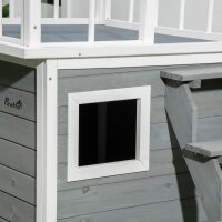 Hundehütte, Dachterrasse, Treppe, Fenster, Bodenabstand, Naturholz, hellgrau, 121 x 77 x 78cm