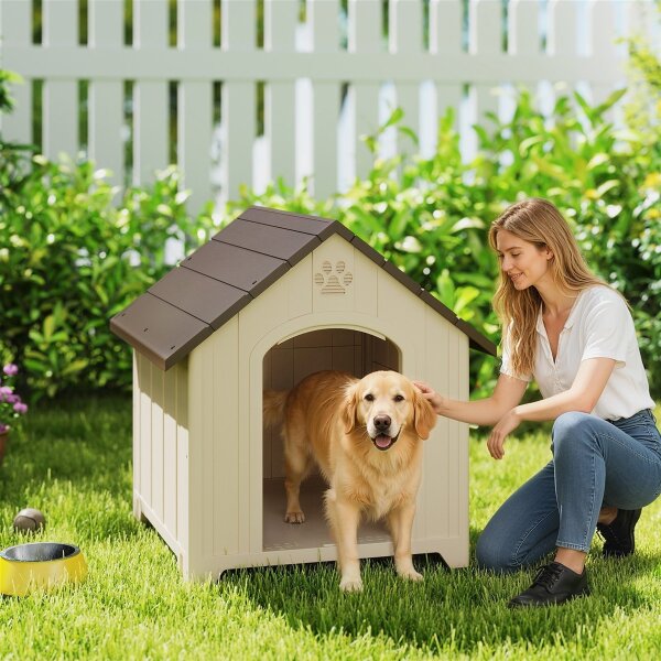 Hundehütte wetterfestes Hundehaus 88 x 79 x 89 cm Erhöhte Hundehöhle mit aufklappbarem Asphaltdach, Bodenankern