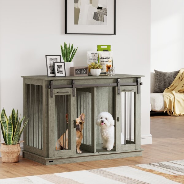 Hundekäfig mit 2 Türen, Hundebox, Transportbox für Hunde, rustikales Design, verriegelbar, Grau