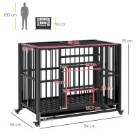 Hundebox Hundekäfig, inkl, Bodenwanne, Verriegelung, Universalrollen, 94 cm x 58 cm x 78 cm, Schwarz