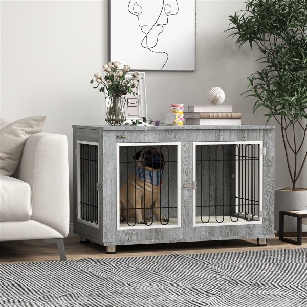 Hundekäfig Hundebox waschbares Polster, 2 Verriegelungen, 90 cm x 58 cm x 65 cm, Grau