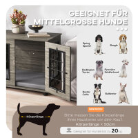 Hundebox mit Liegekissen, bis 20kg/50cm Körperlänge, Metall, 80x56x63cm, Grau/Holzdekor