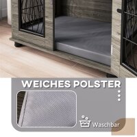 Hundebox mit Liegekissen, bis 20kg/50cm Körperlänge, Metall, 80x56x63cm, Grau/Holzdekor