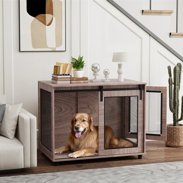 Hundebox, Transportbox für Hunde, Rückzugsbox für Haustiere, verschließbare Türen, 98 x 60 x 78 cm, Hellbraun