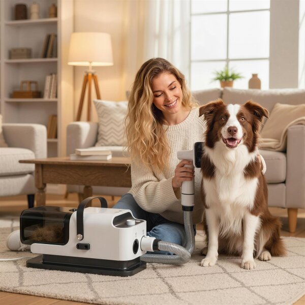 Hundeschermaschine mit Staubsauger leise Schermaschine mit 5 Pflegewerkzeugen für Hunde Katzen Haustiere Weiß
