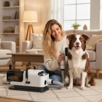 Hundeschermaschine mit Staubsauger leise Schermaschine mit 5 Pflegewerkzeugen für Hunde Katzen Haustiere Weiß