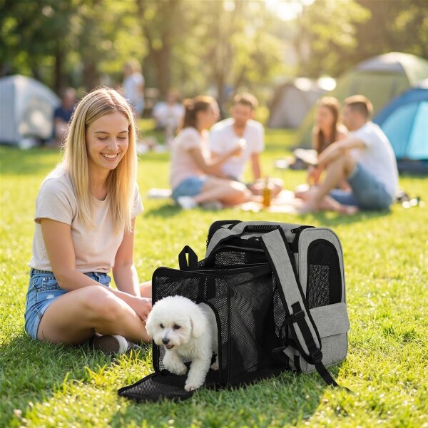 Hundebox erweiterbar Transportbox Hund mit 5 Taschen reflektierendem Streifen für Hunde bis 10 kg 33,5x28x42cm Hellgrau