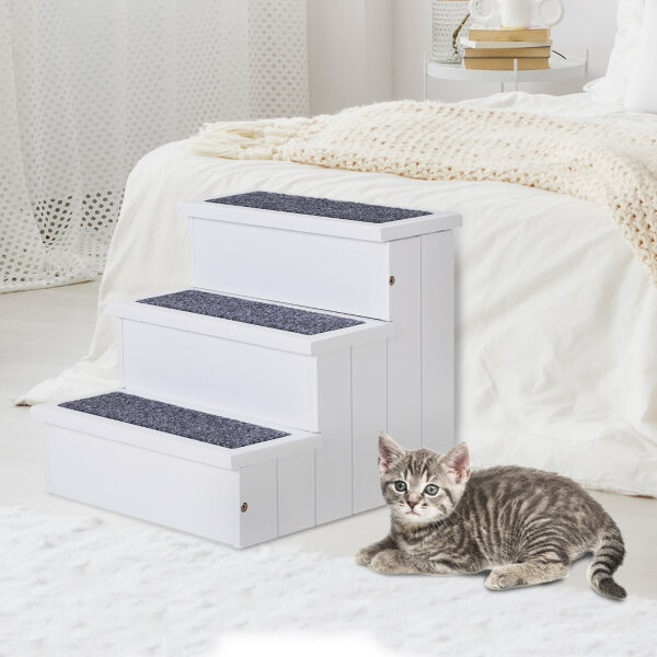 Hundetreppe 3 Stufen Katzentreppe Haustiertreppe Hundetreppe für Hunde und Katzen Tiertreppe Einstiegshilfe mit Teppich Stauraum für Sofa Bett Tannenholz Weiß 40,5 x 44,5 x 38 cm